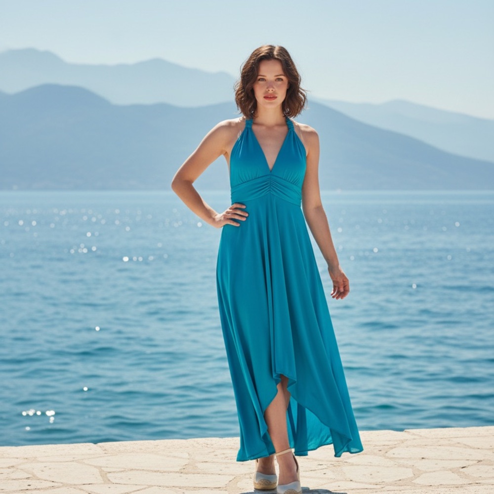 Elegant Blue Halter Maxi Dress